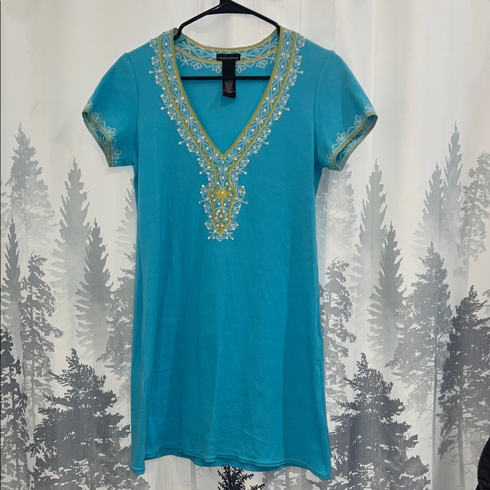 Moda International Turquoise Embroidered V-Neck Tunic